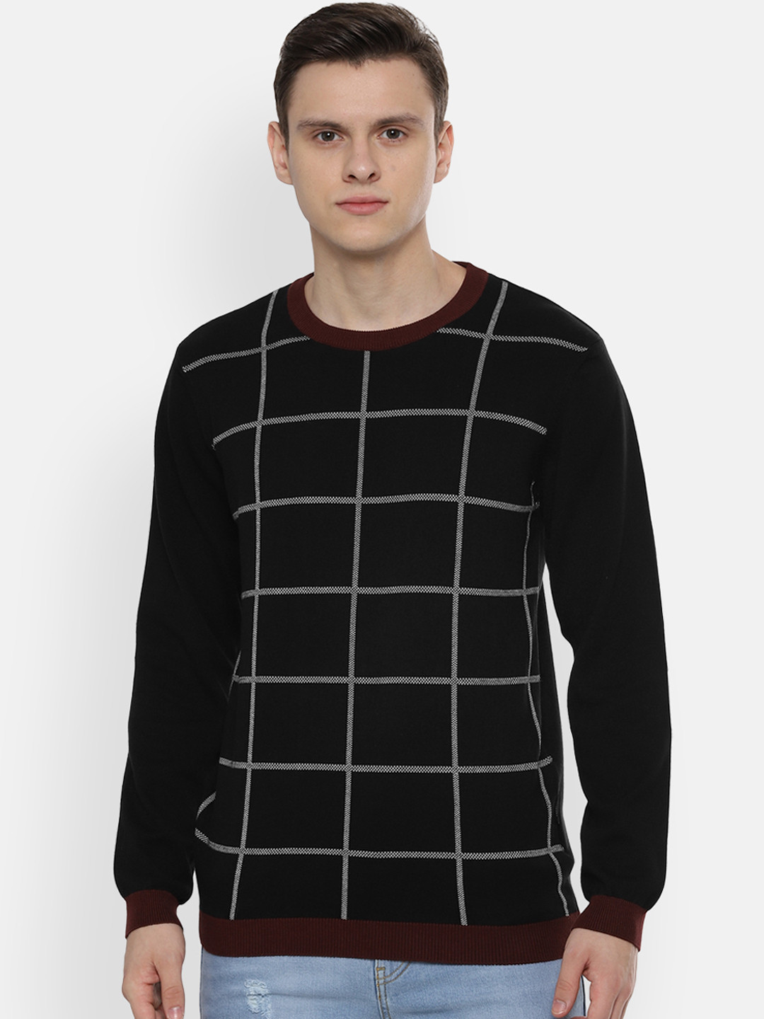 

V Dot Men Black Checked Sweater