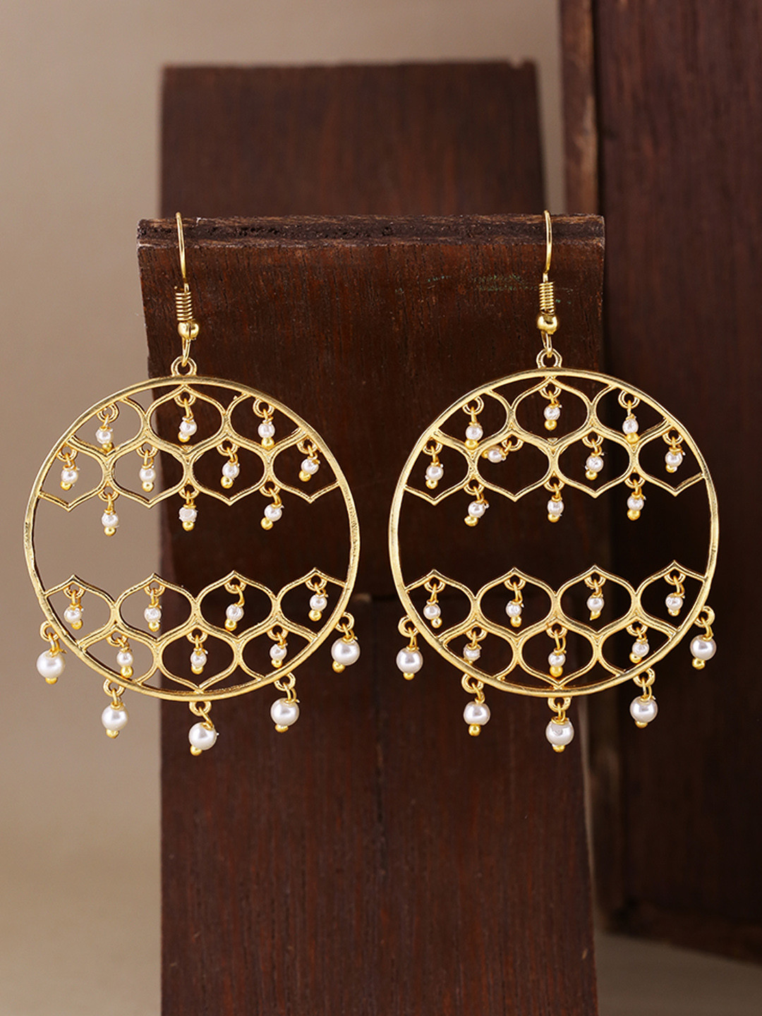 

Voylla Brass-Plated Gold-Toned Circular Jaali Pearl Faux Pearls Embellished Drop Earrings