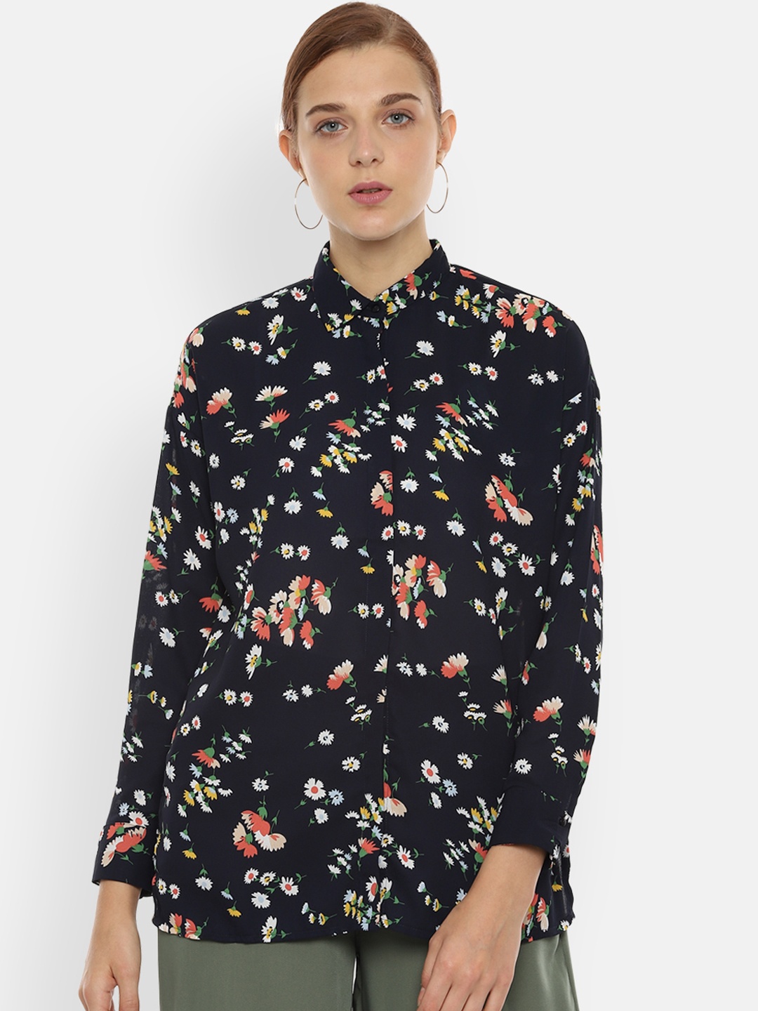 

Van Heusen Woman Black & Red Regular Fit Floral Printed Casual Shirt