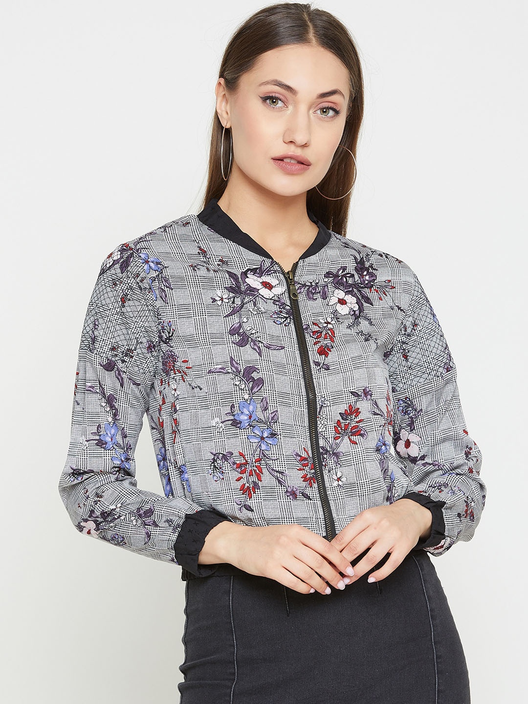 RARE Women Black Printed Bomber Jacket