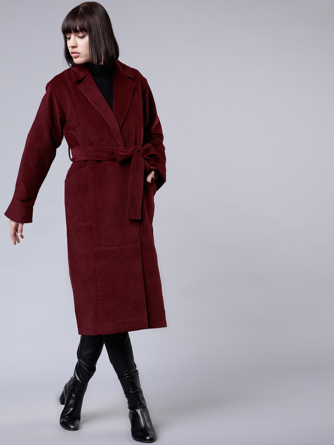 

Tokyo Talkies Women Burgundy Solid Longline Trench Coat