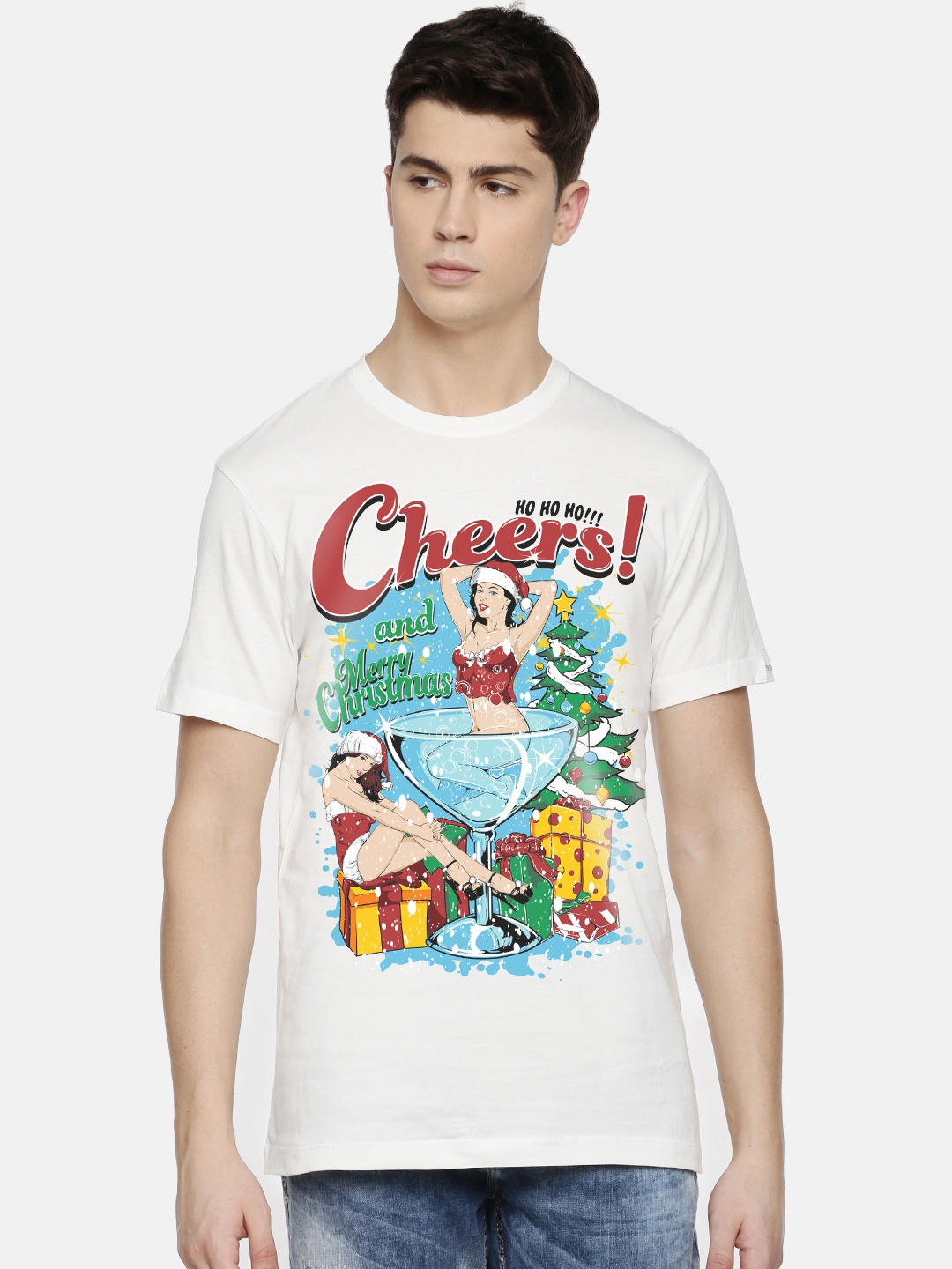

THREADCURRY Men White Printed Round Neck T-shirt