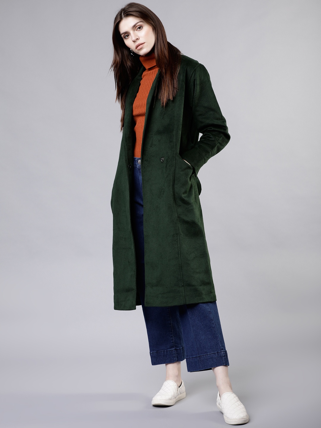 

Tokyo Talkies Women Green Solid Double-Breasted Trench Coat