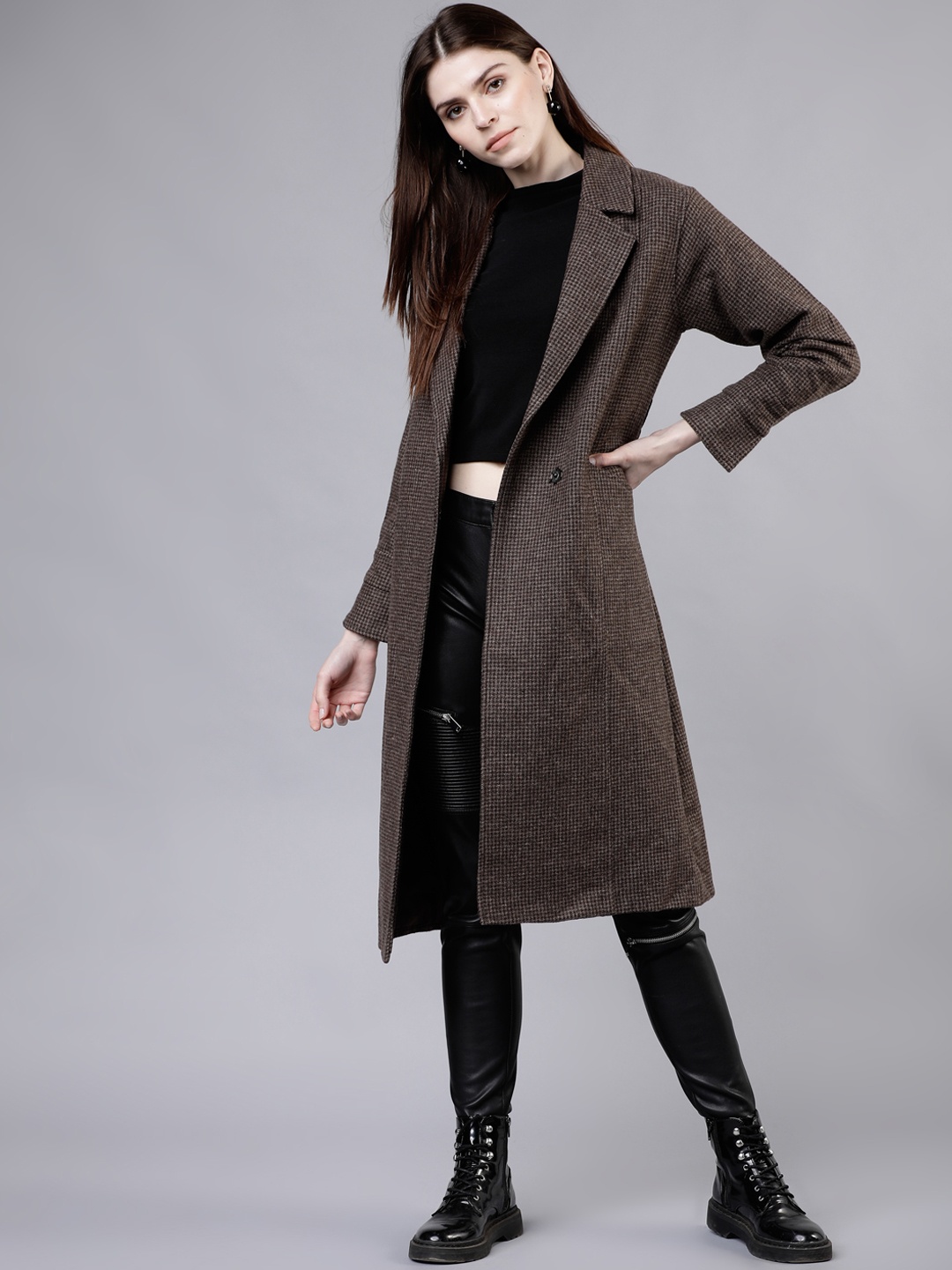 

Tokyo Talkies Women Brown Solid Double-Breasted Trench Coat