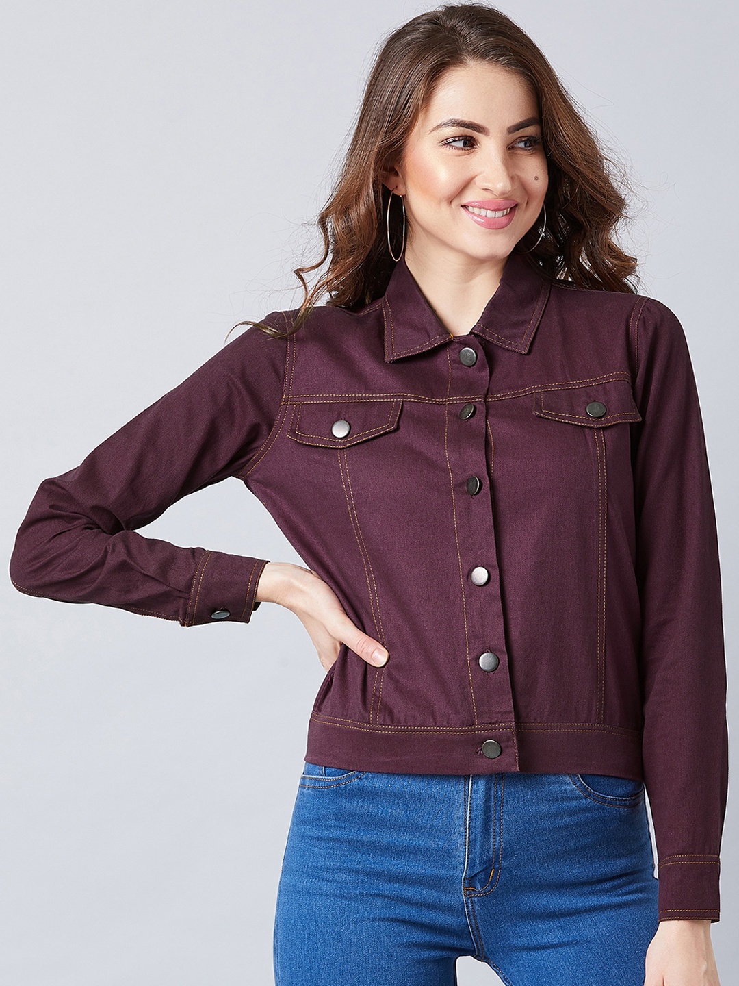 

Athena Women Burgundy Solid Denim Jacket