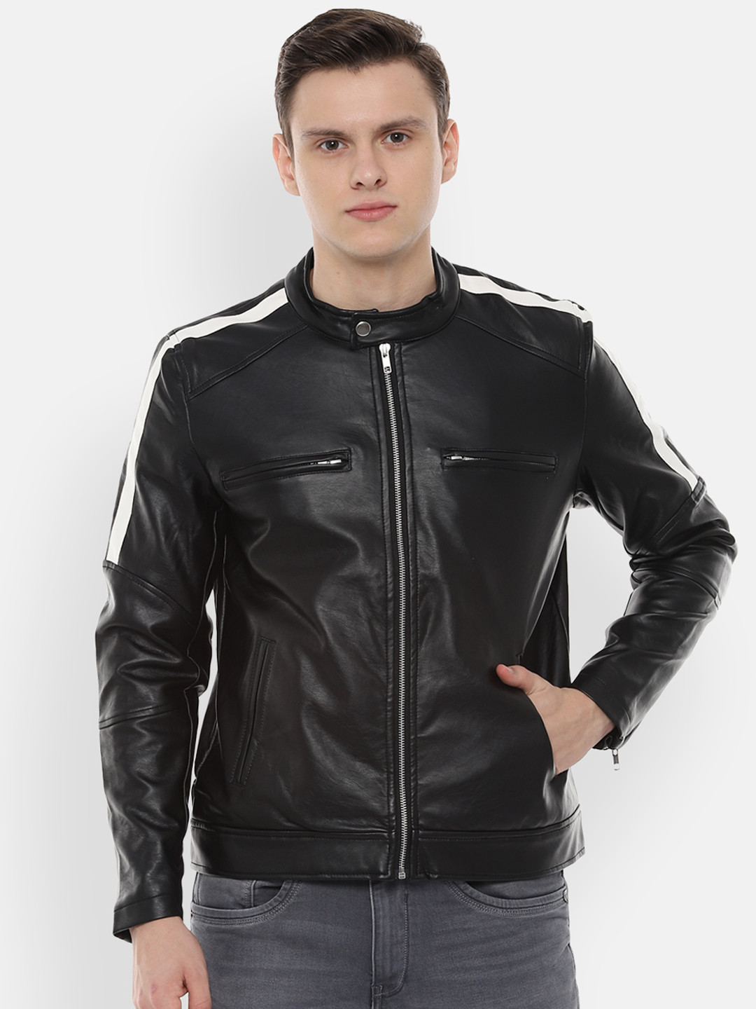 

People Men Black Solid Biker Jacket
