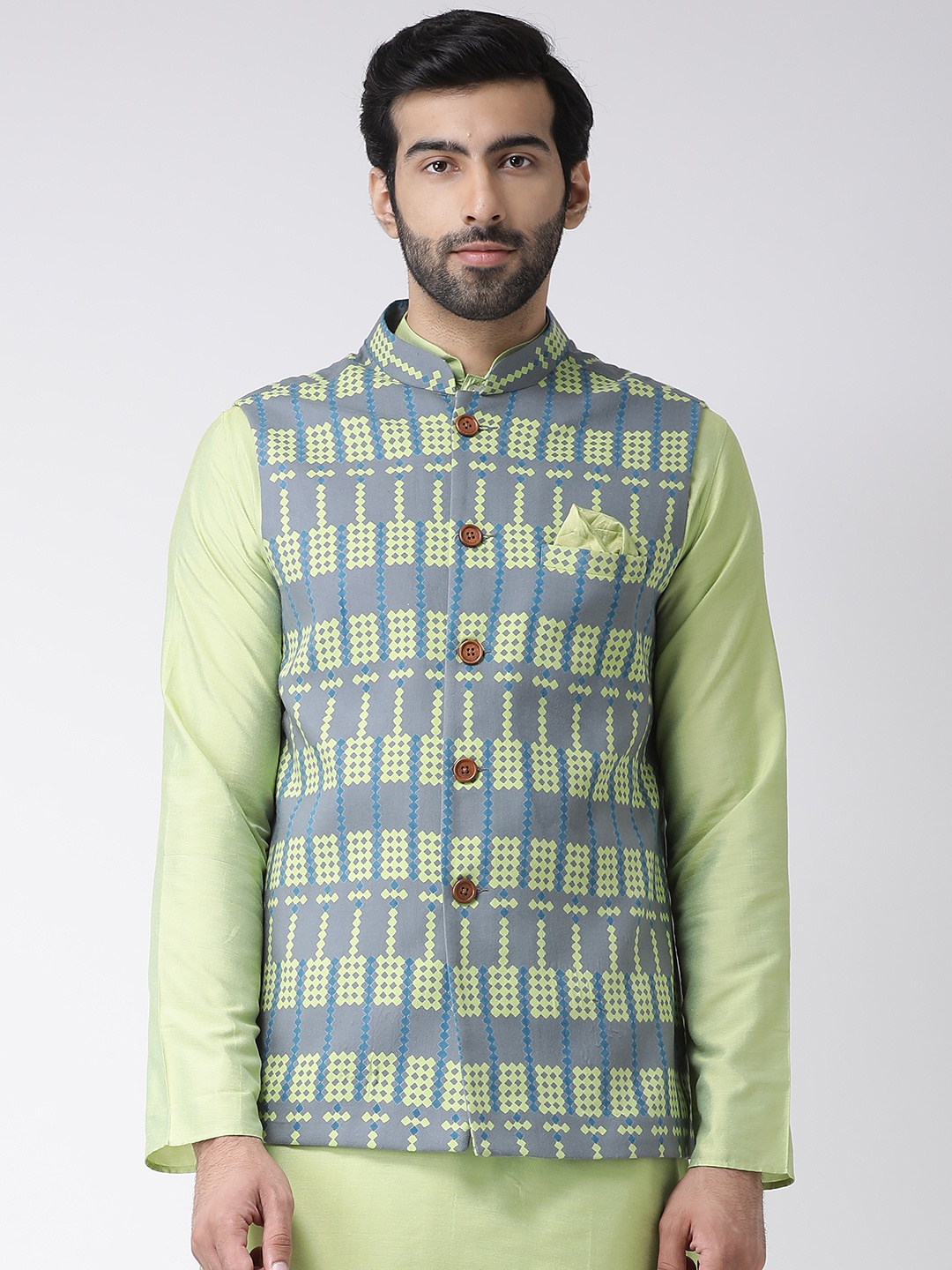 

KISAH Men Grey & Green Printed Nehru Jacket