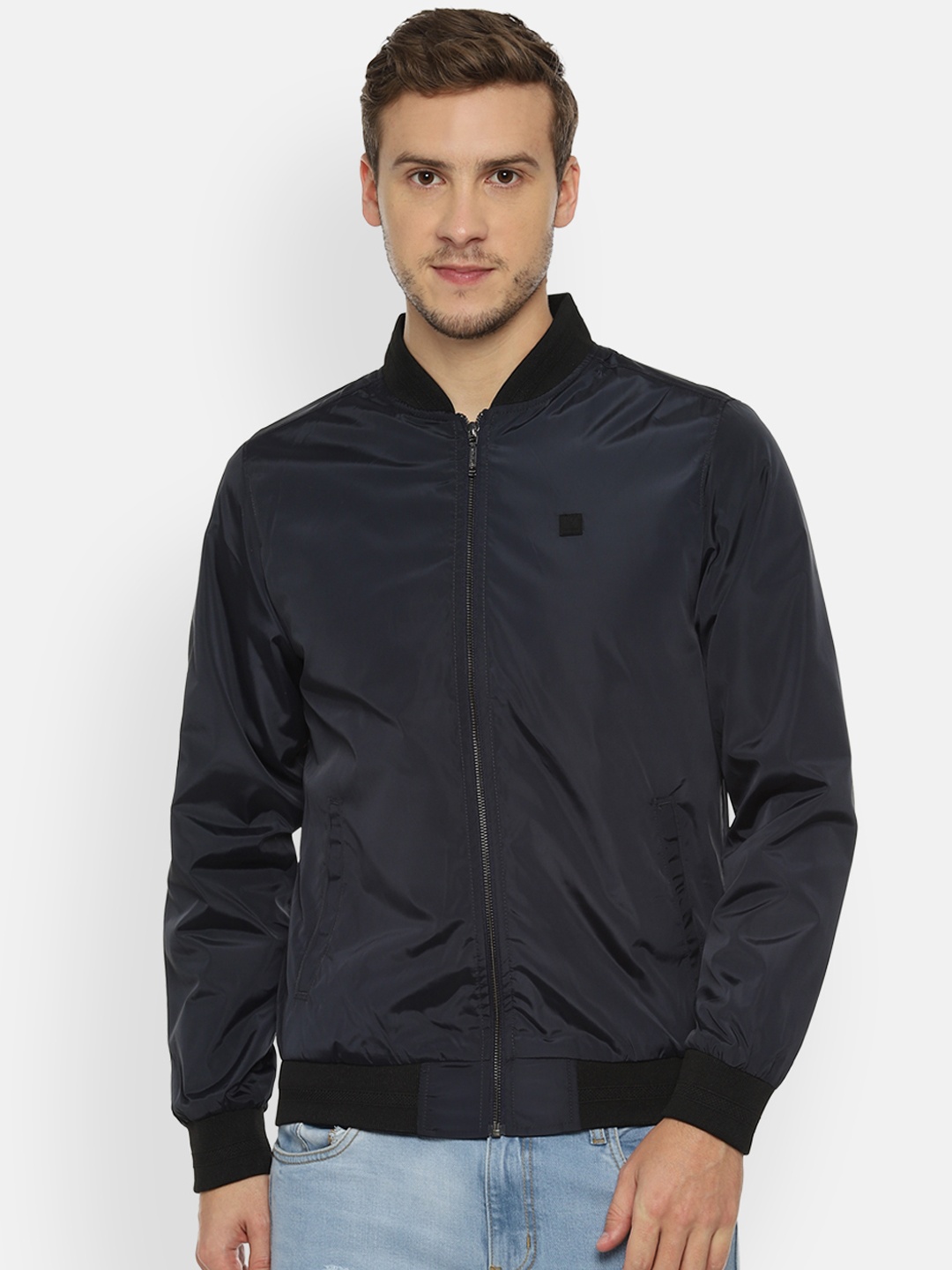 

V Dot Men Navy Blue Solid Bomber Jacket