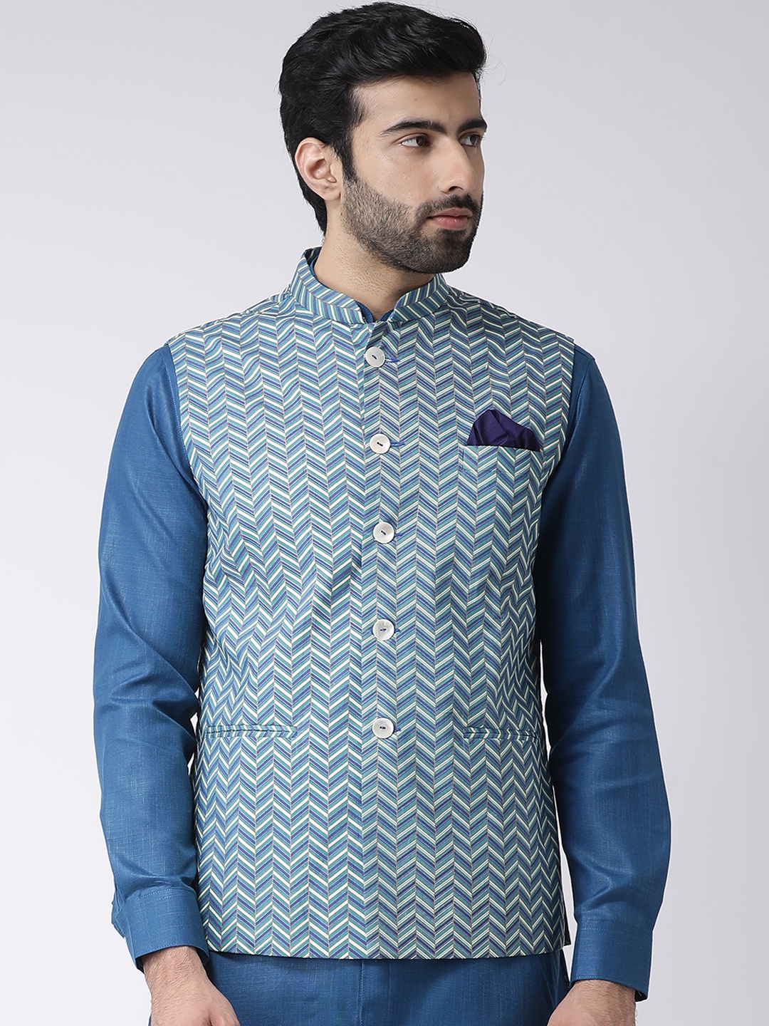 

KISAH Men Blue Printed Pure Cotton Nehru Jacket