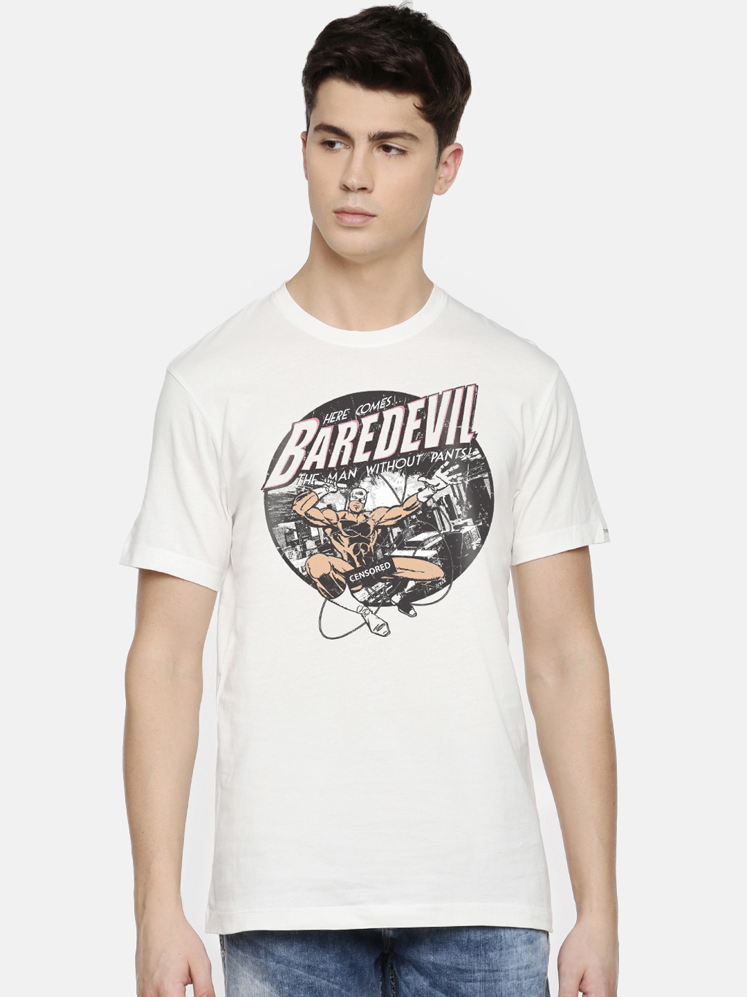 

THREADCURRY Men White Baredevil Printed Round Neck T-shirt