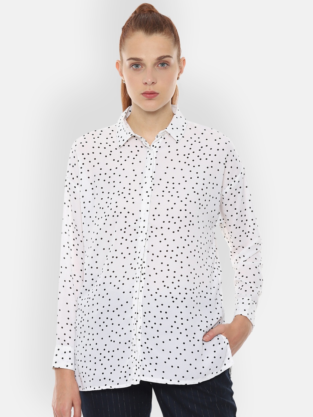 

Van Heusen Woman White & Black Regular Fit Polka Dot Printed Casual Shirt