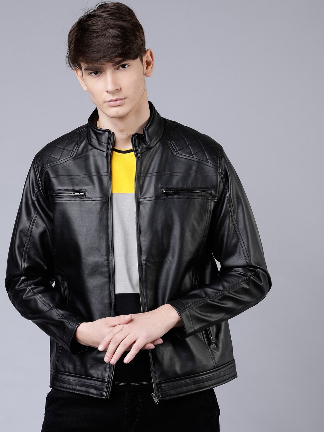 

HIGHLANDER Men Black Solid Biker Jacket