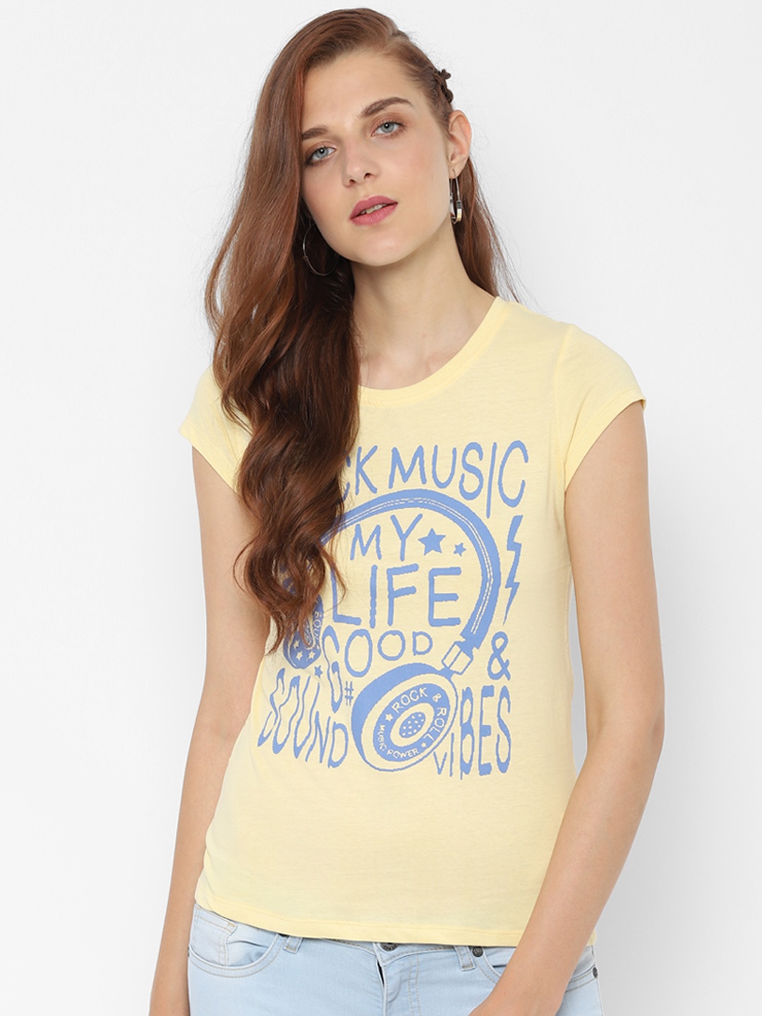 

People Women Yellow Blue Printed Round Neck Pure Cotton T-shirt