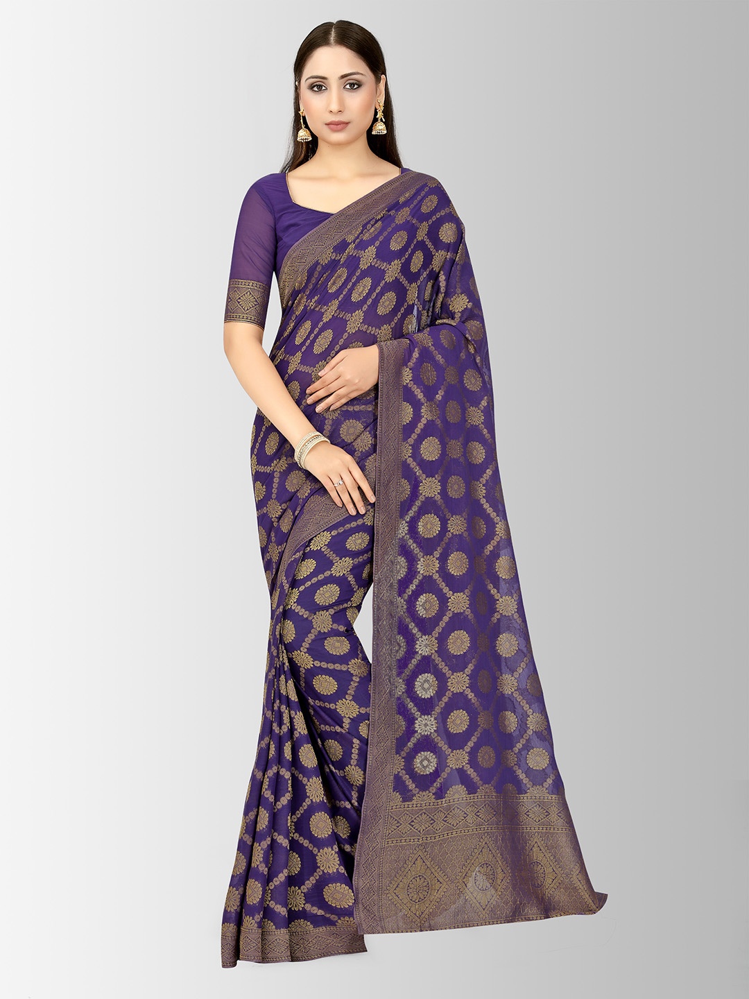 

MIMOSA Purple & Gold-Coloured Poly Chiffon Woven Design Banarasi Saree