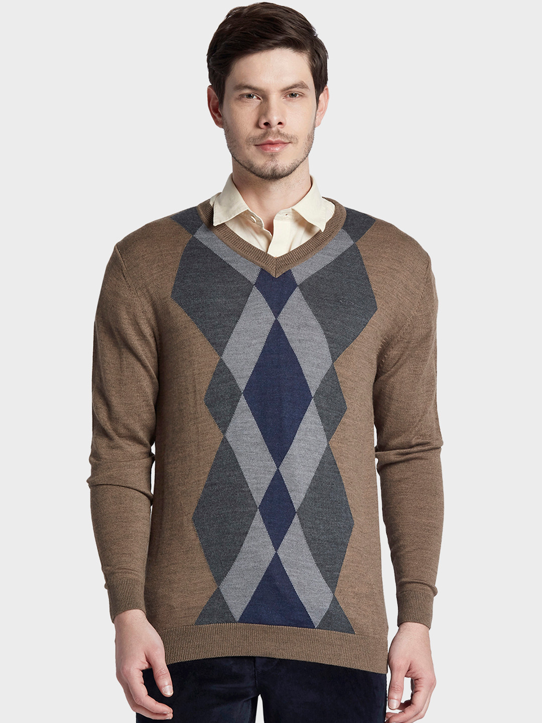 

ColorPlus Men Brown & Grey Printed Sweater