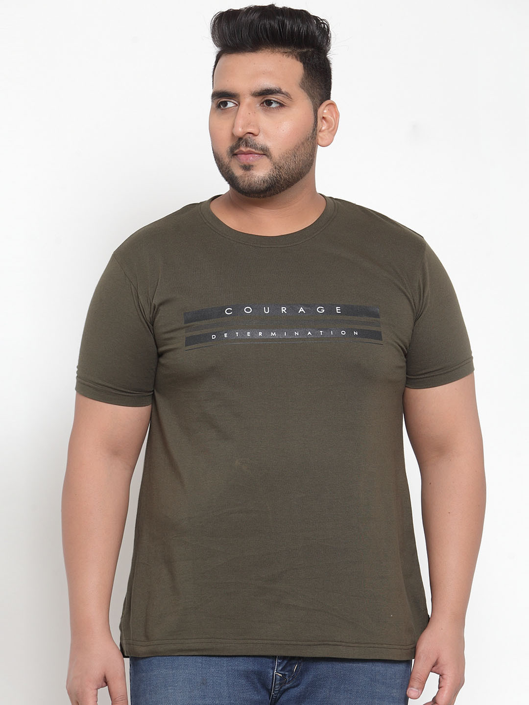 

plusS Men Olive Green Printed Round Neck Pure Cotton T-shirt