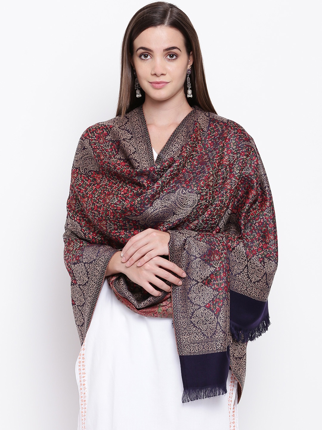 

HK colours of fashion Women Navy Blue & Red Woven Design Shawl