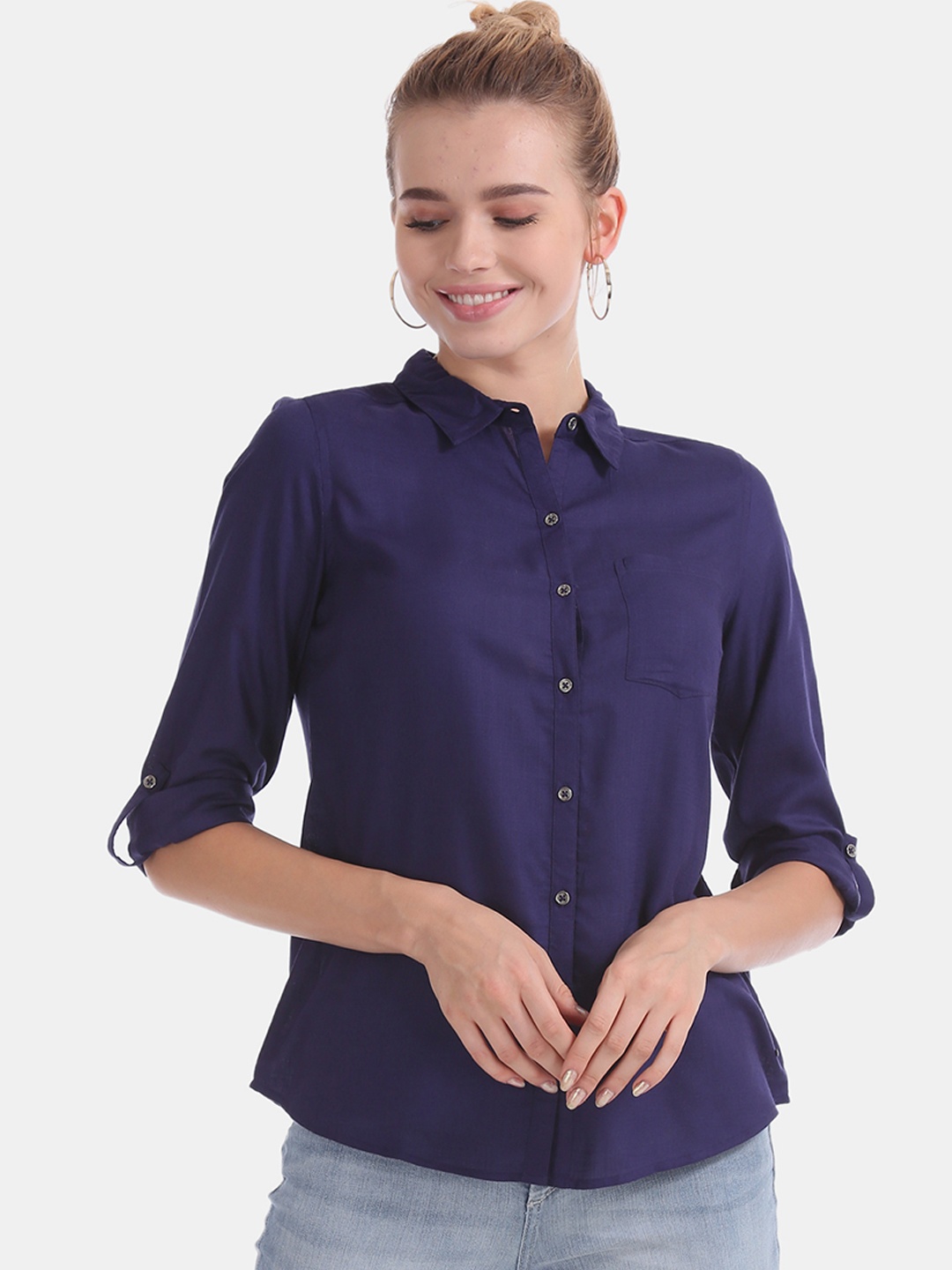 

Flying Machine Women Blue Regular Fit Solid Casual Shirt
