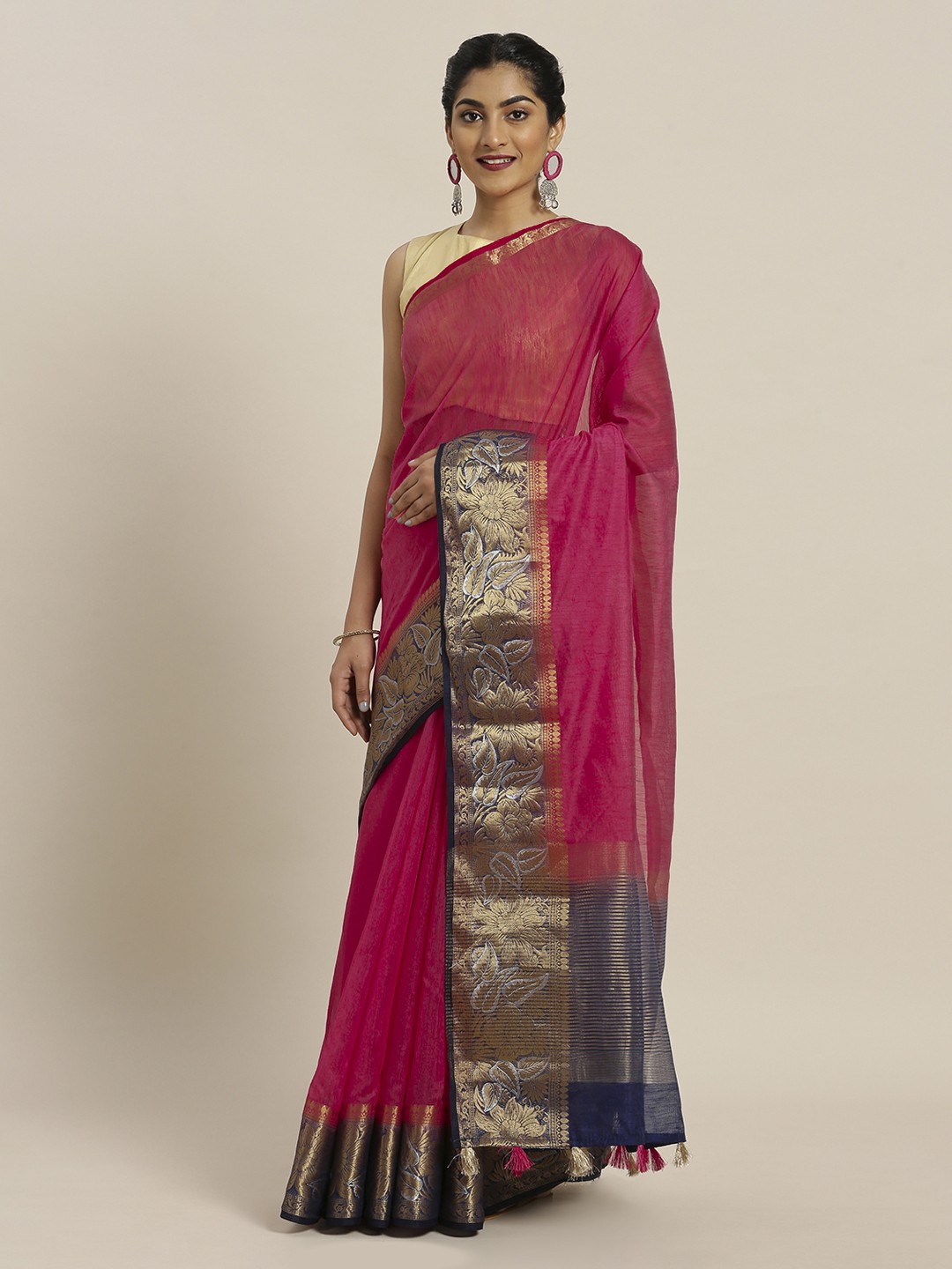 

Mitera Pink Silk Cotton Woven Design Kanjeevaram Saree