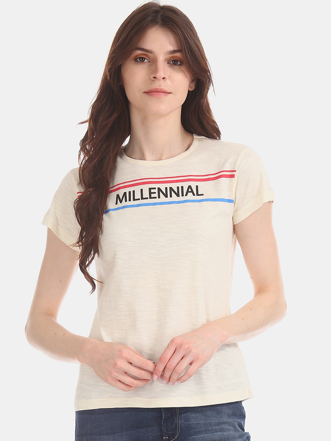 

Flying Machine Women Cream-Coloured Printed Round Neck Pure Cotton T-shirt