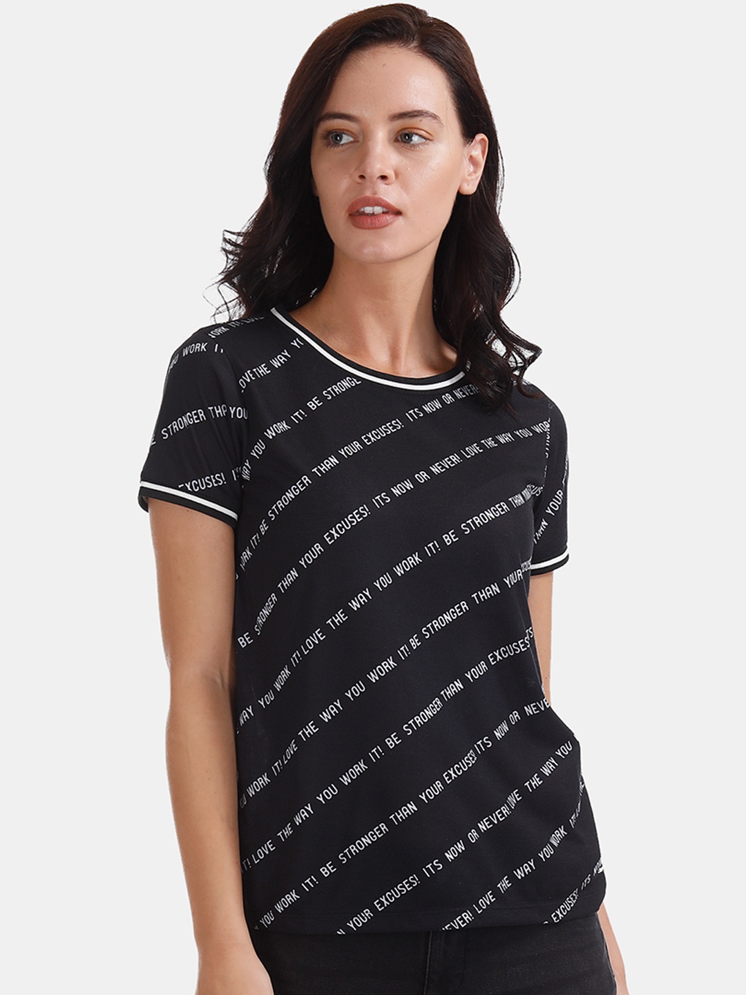 

Flying Machine Women Black & White Printed Round Neck T-shirt