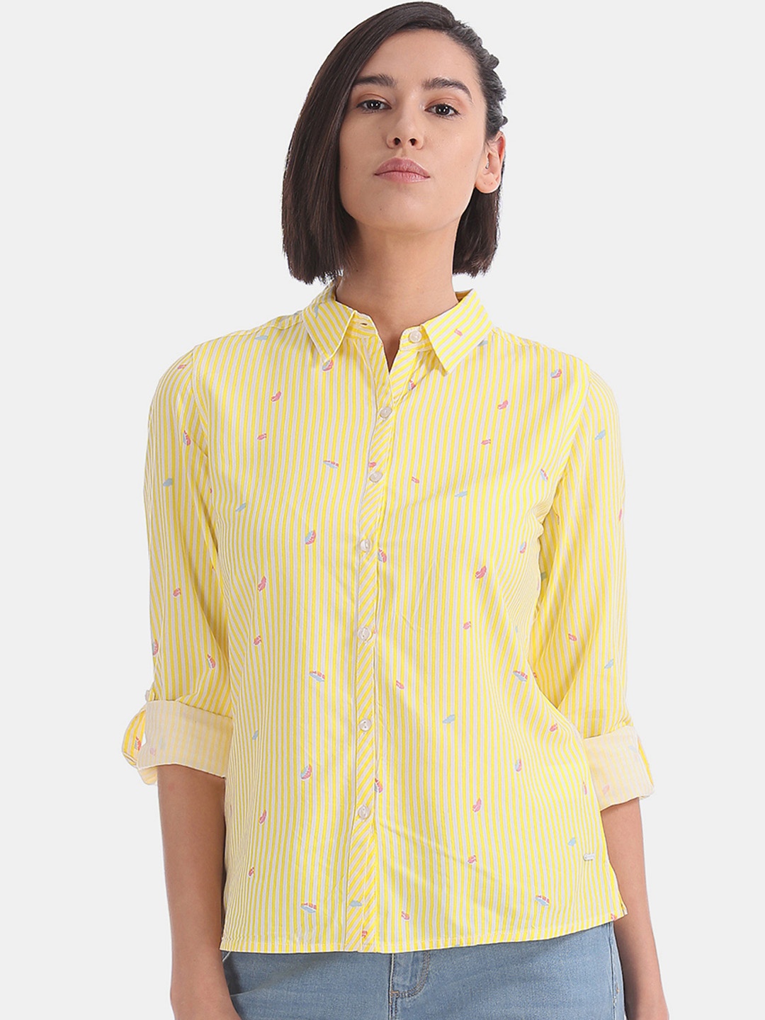 

Flying Machine Women Yellow & Pink Regular Fit Striped Casual Shirt