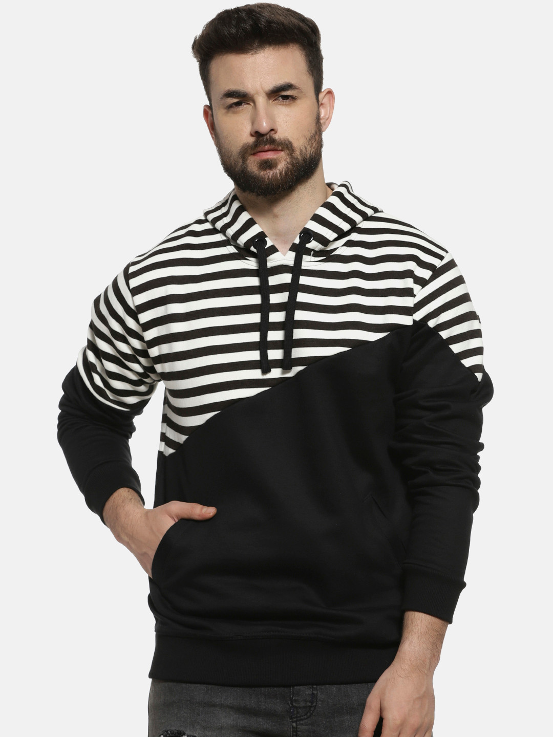 

Campus Sutra Men Black & Off-White Striped Hooded Sweatshirt