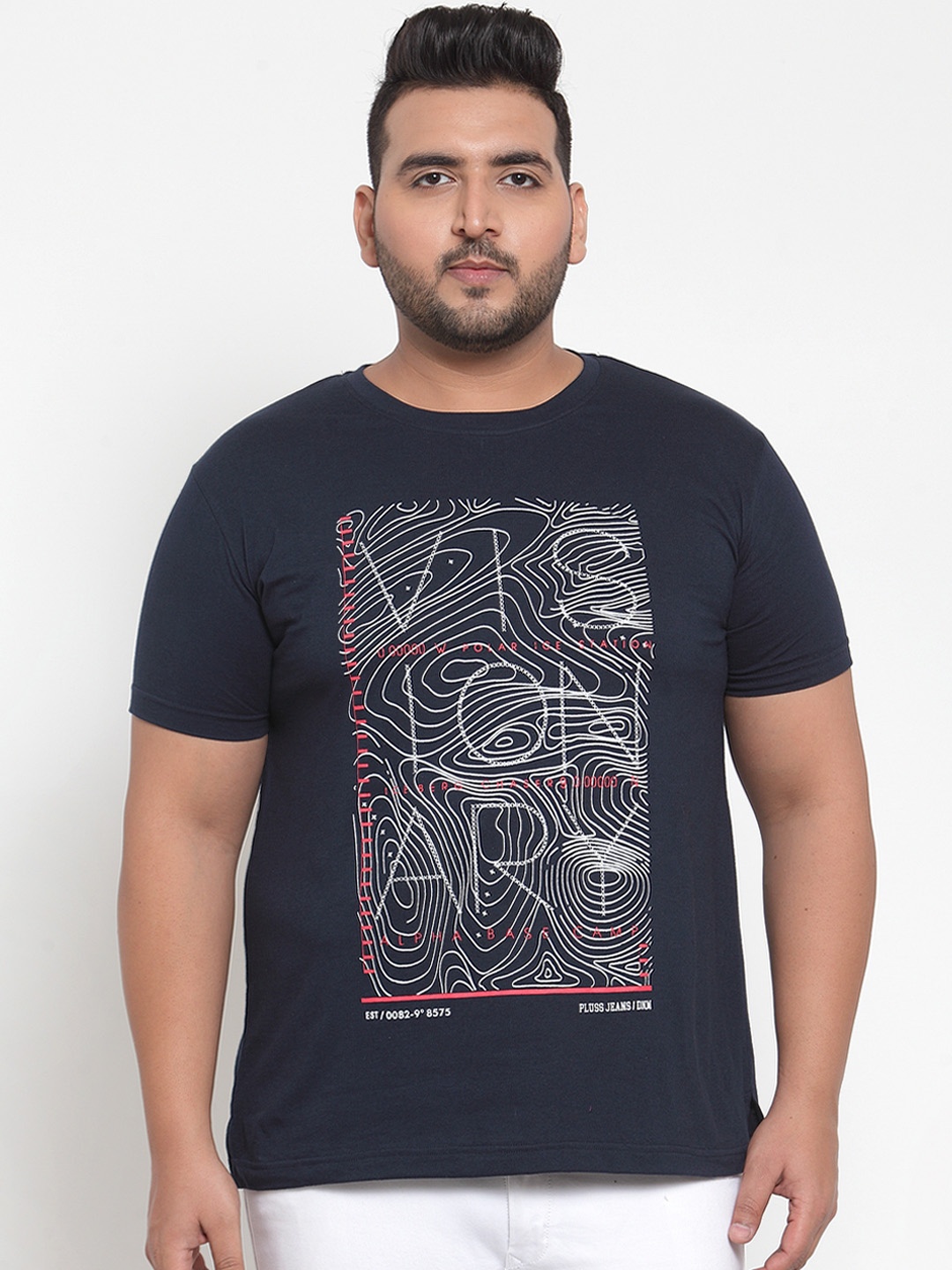 

plusS Men Navy Blue Printed Round Neck Pure Cotton T-shirt