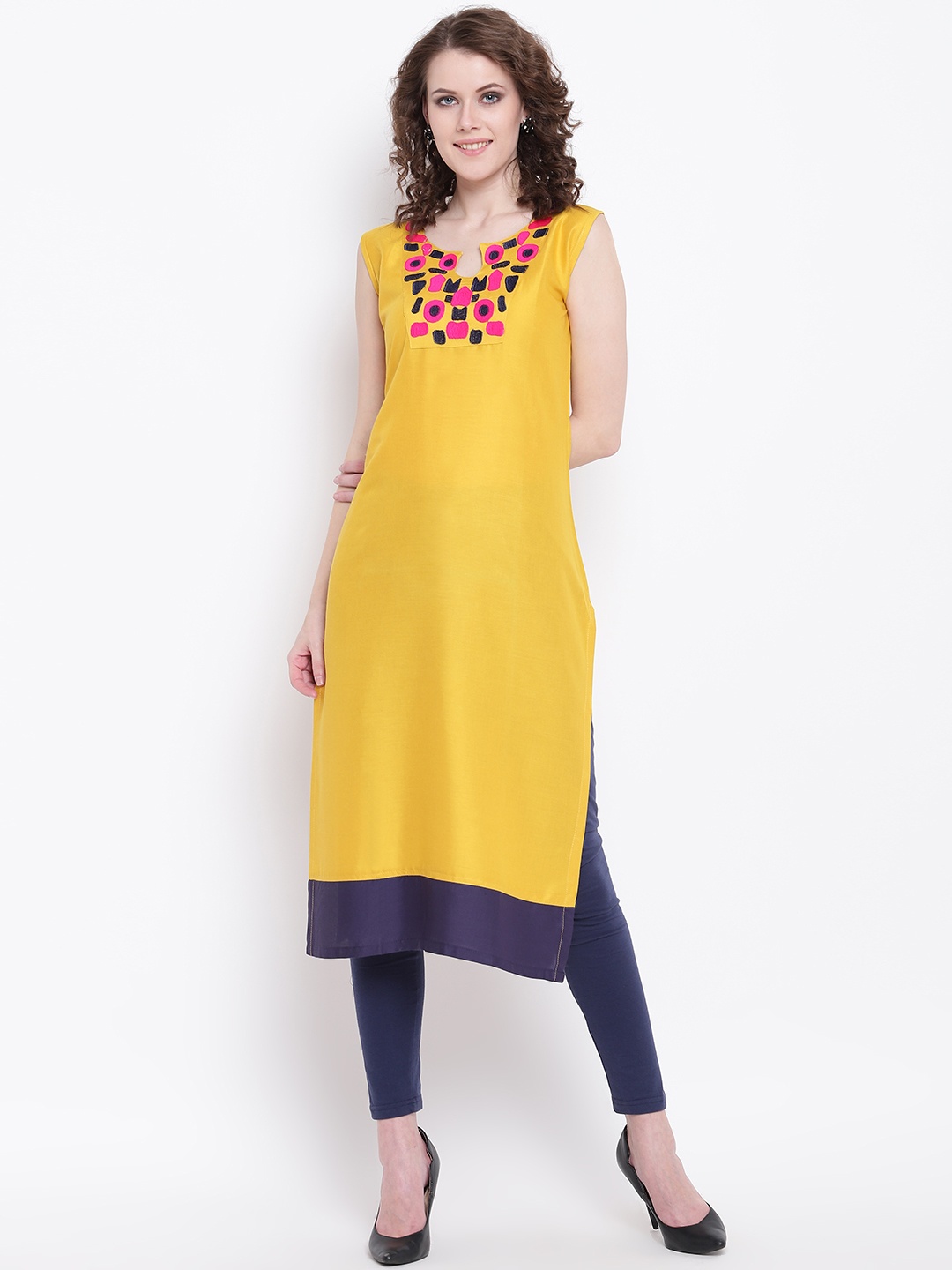 

Napra Women Mustard & Navy Blue Embroidered Straight Kurta