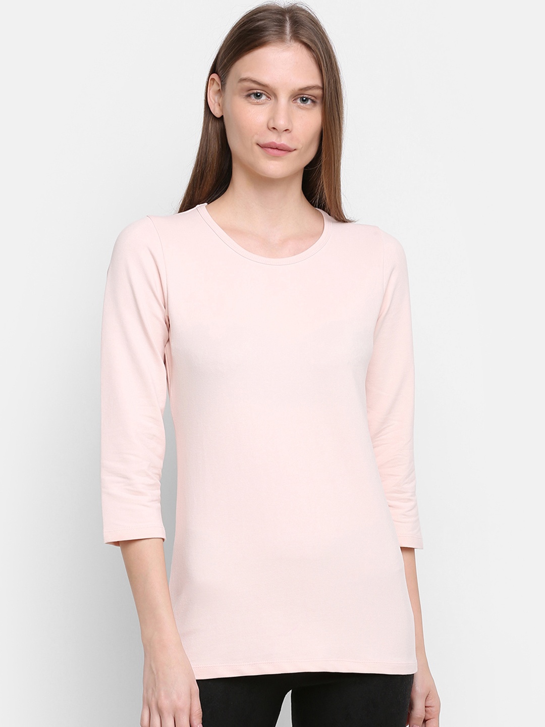 

Rute Women Peach-Coloured Solid Round Neck Pure Cotton T-shirt