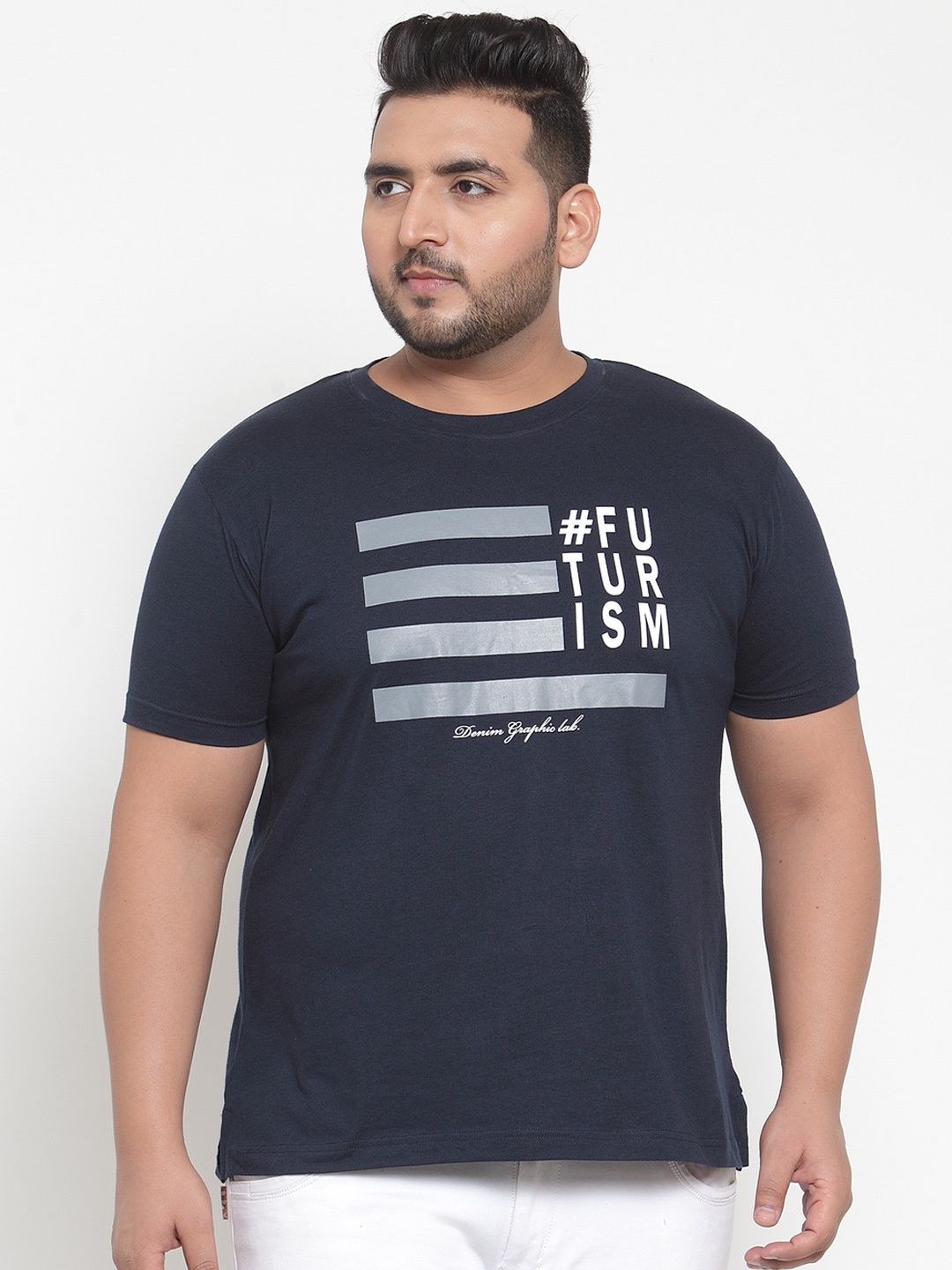 

plusS Men Navy Blue Printed Round Neck Pure Cotton T-shirt