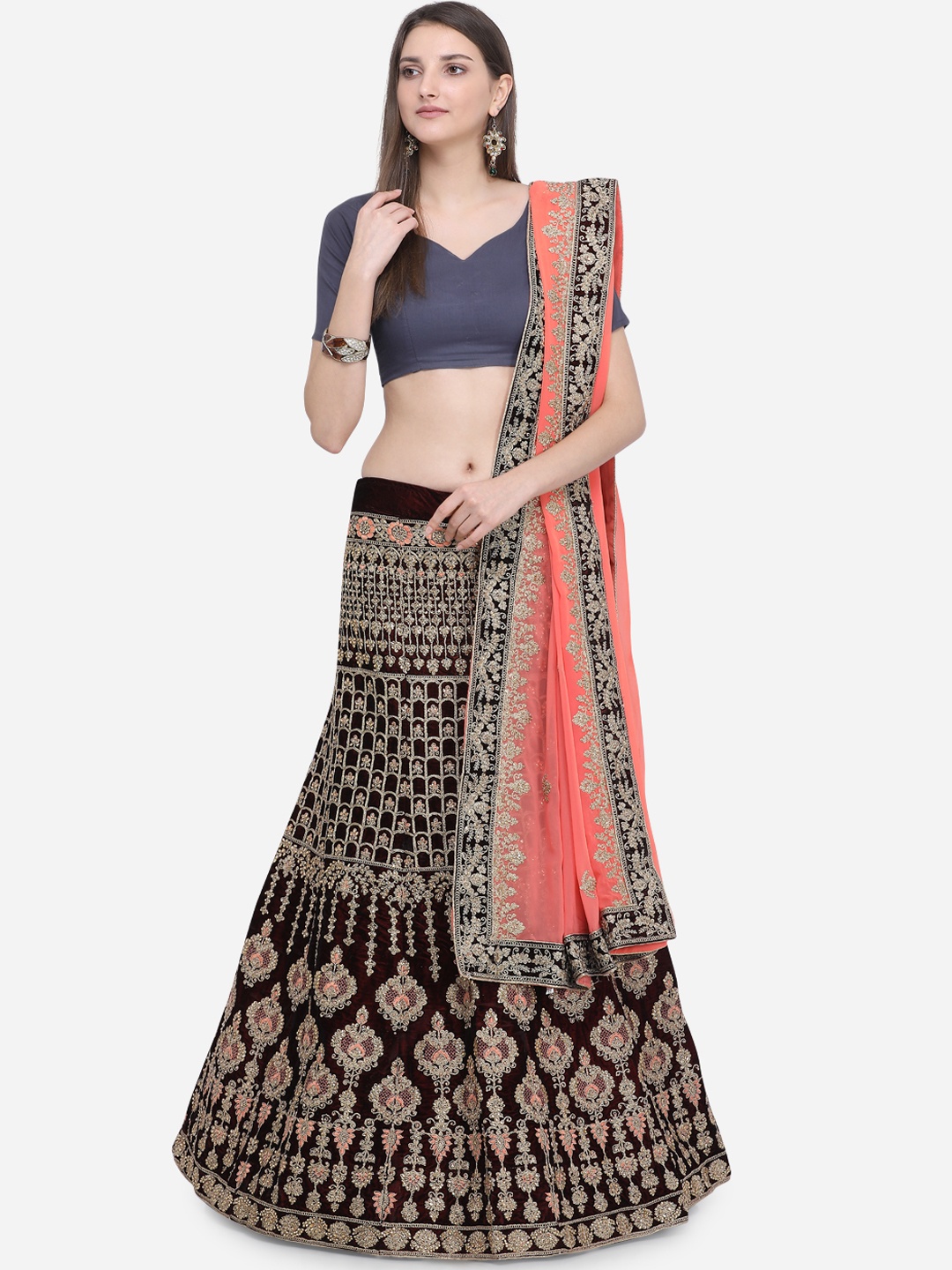 MOKSHA DESIGNS Maroon & Pink Embroidered Ready to Wear Lehenga & Unstitched Blouse with Dupatta