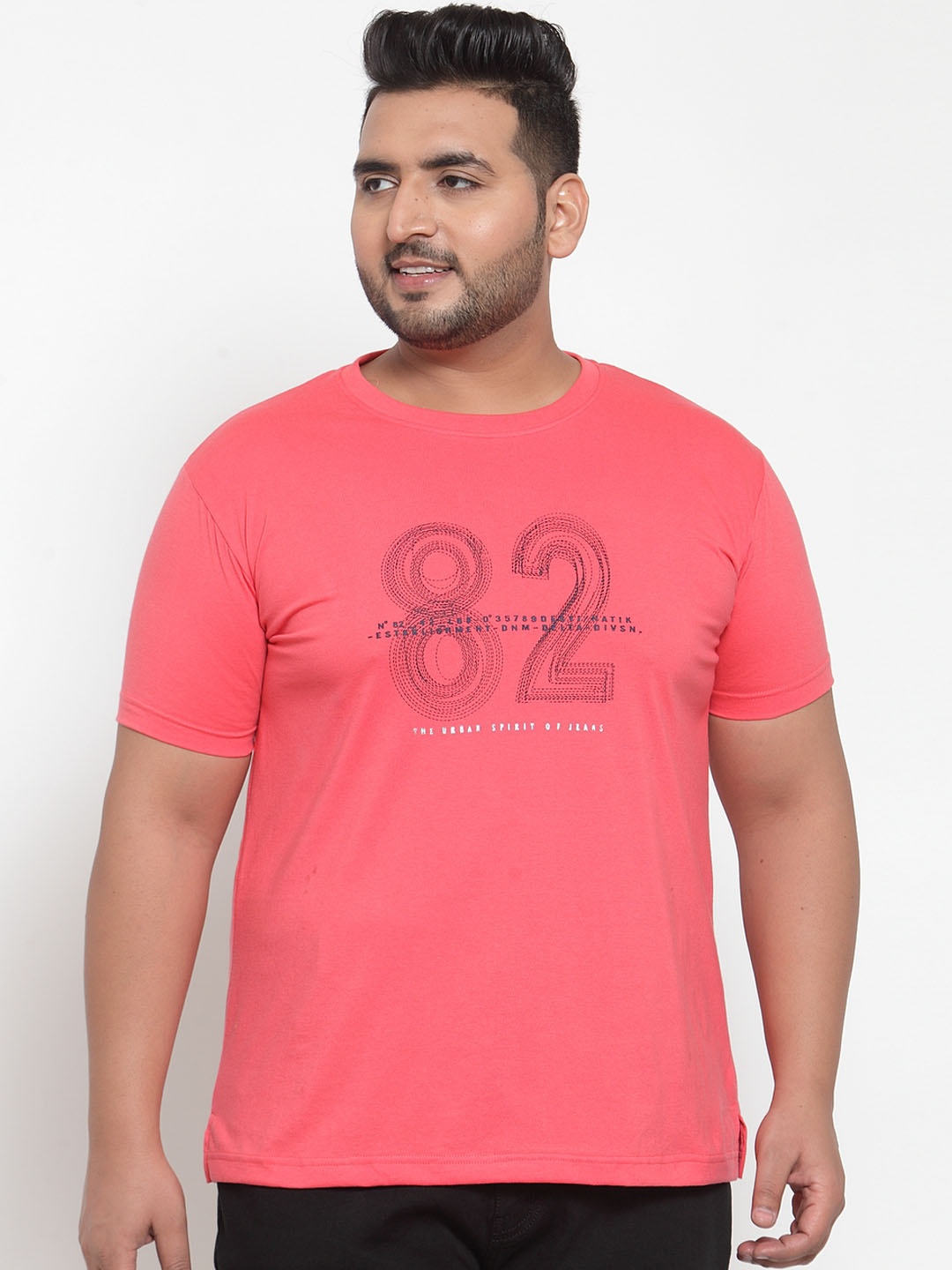 plusS Men Coral Pink Printed Round Neck Pure Cotton T-shirt