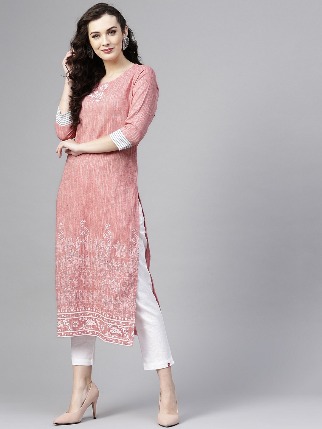Pannkh Women Pink Block Print Straight Chambray Kurta