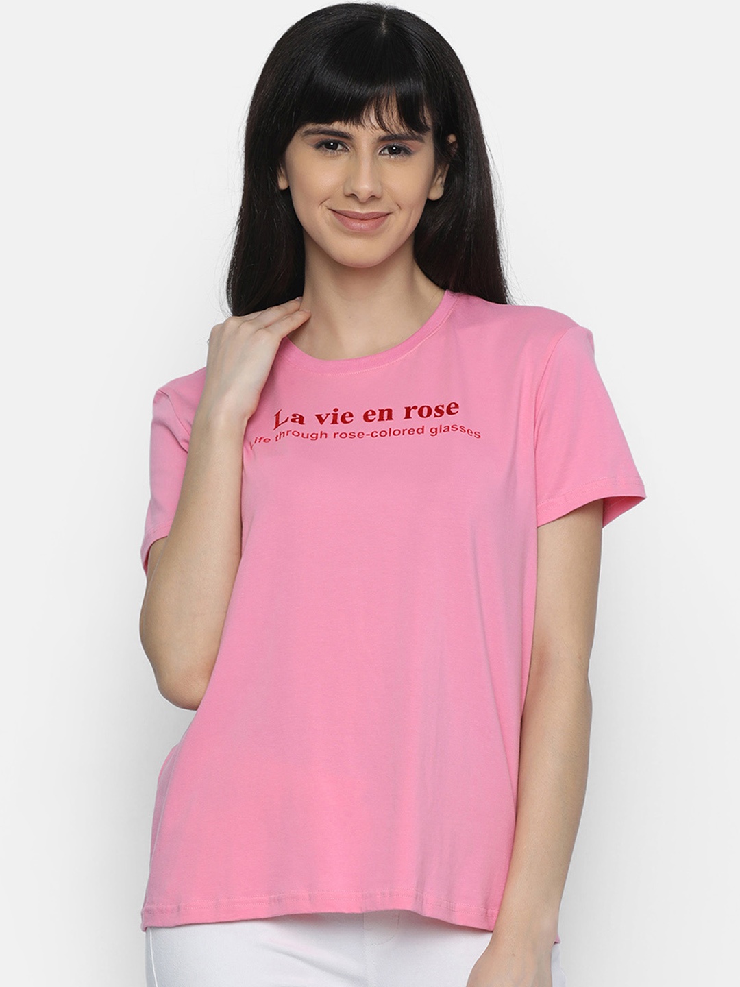 

ISU Women Pink Printed Round Neck T-shirt