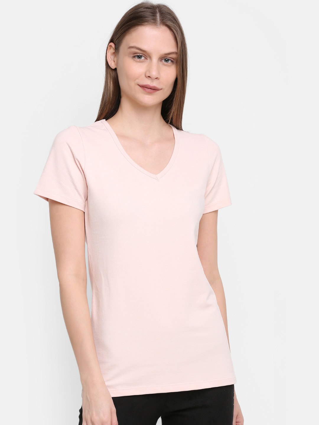 

Rute Women Peach-Coloured Solid V-Neck Pure Cotton T-shirt