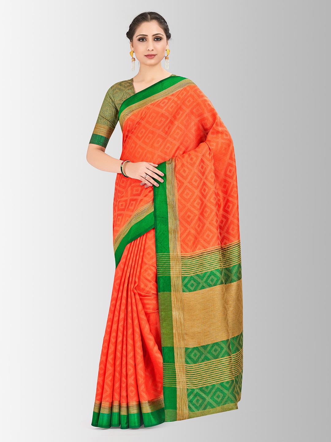 

MIMOSA Orange & Green Art Silk Woven Design Banarasi Saree