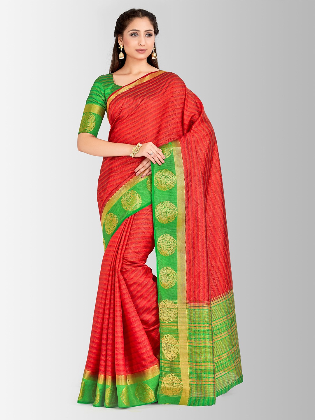 

MIMOSA Red & Green Art Silk Woven Design Kanjeevaram Saree