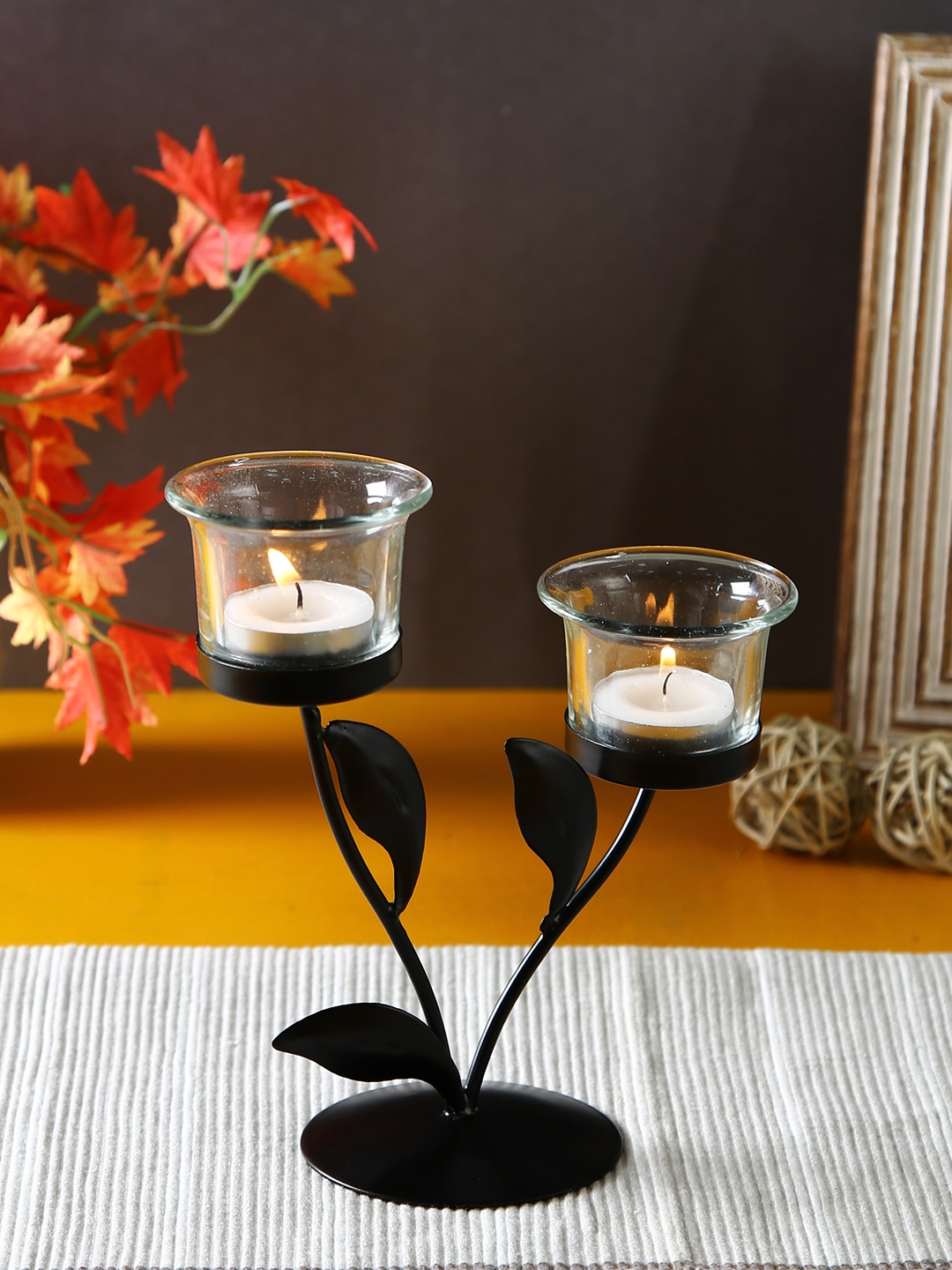 HOSLEY Black & Transparent Table Candle Holder With Tea Lights