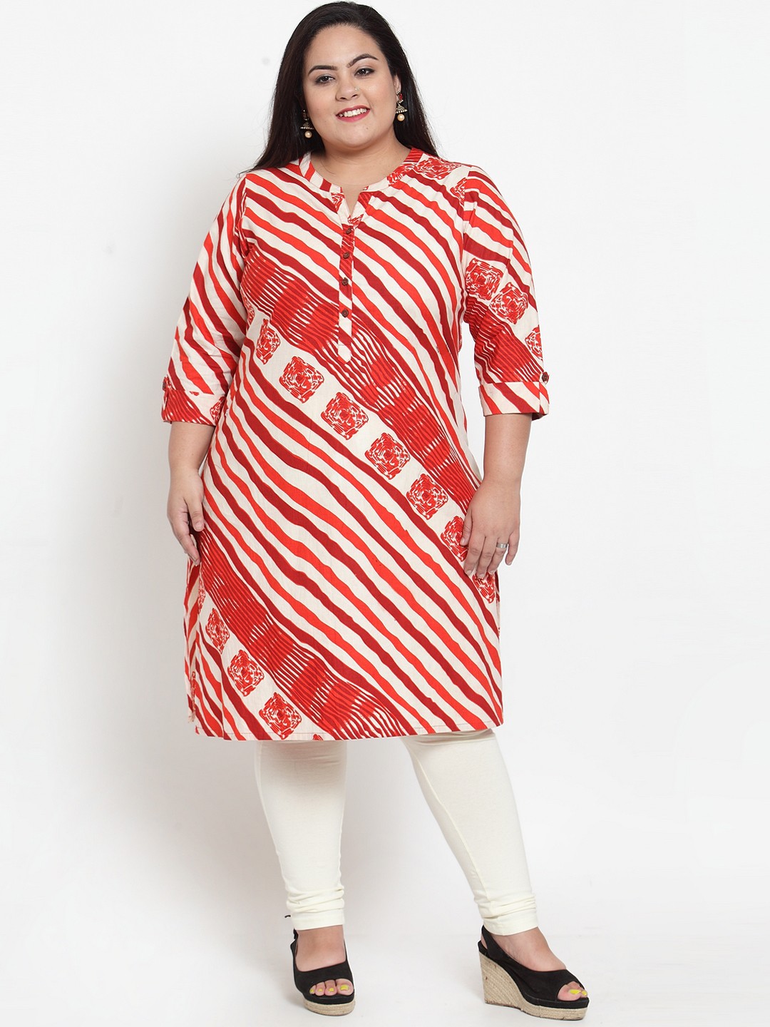 

plusS Women White & Maroon Printed Straight Kurta
