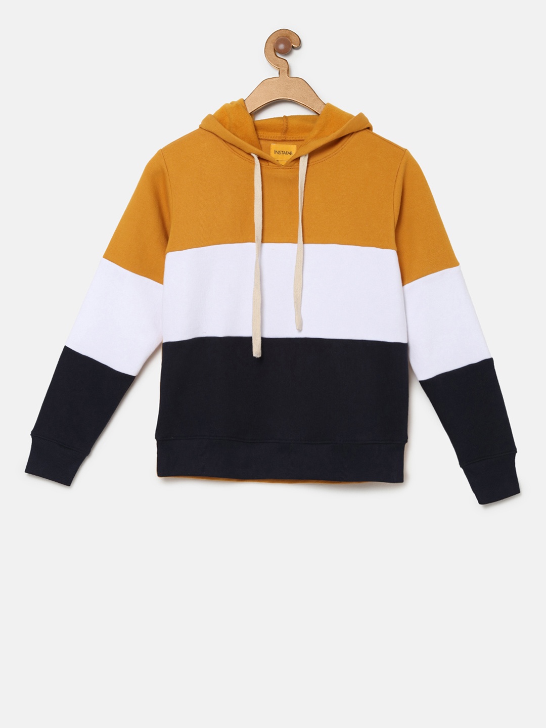 

Instafab Boys Mustard Yellow And White Colourblocked Hooded Sweatshirt