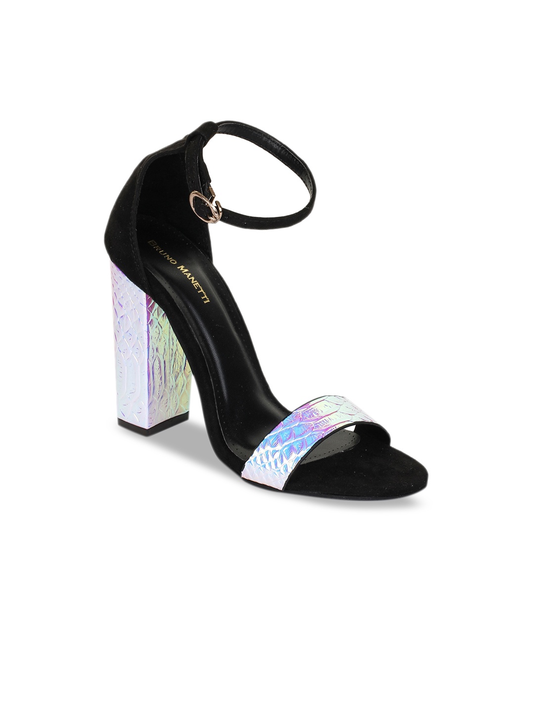 

Bruno Manetti Women Silver-Toned & Black Solid Sandals