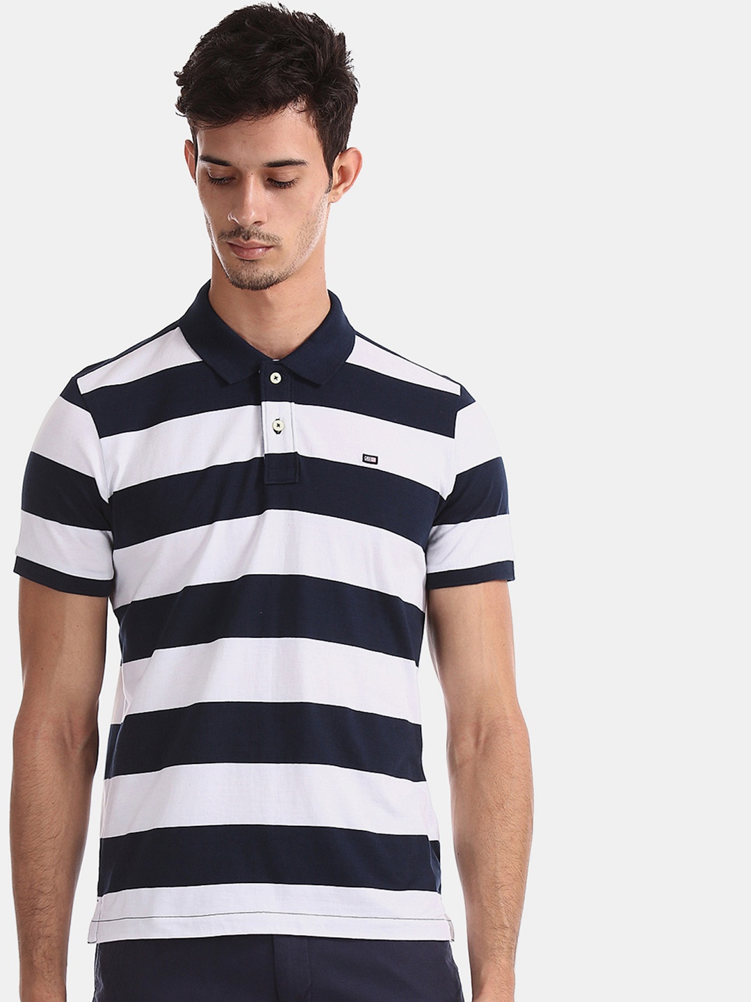 

Arrow Sport Men Navy Blue White Striped Polo Collar Pure Cotton T-shirt