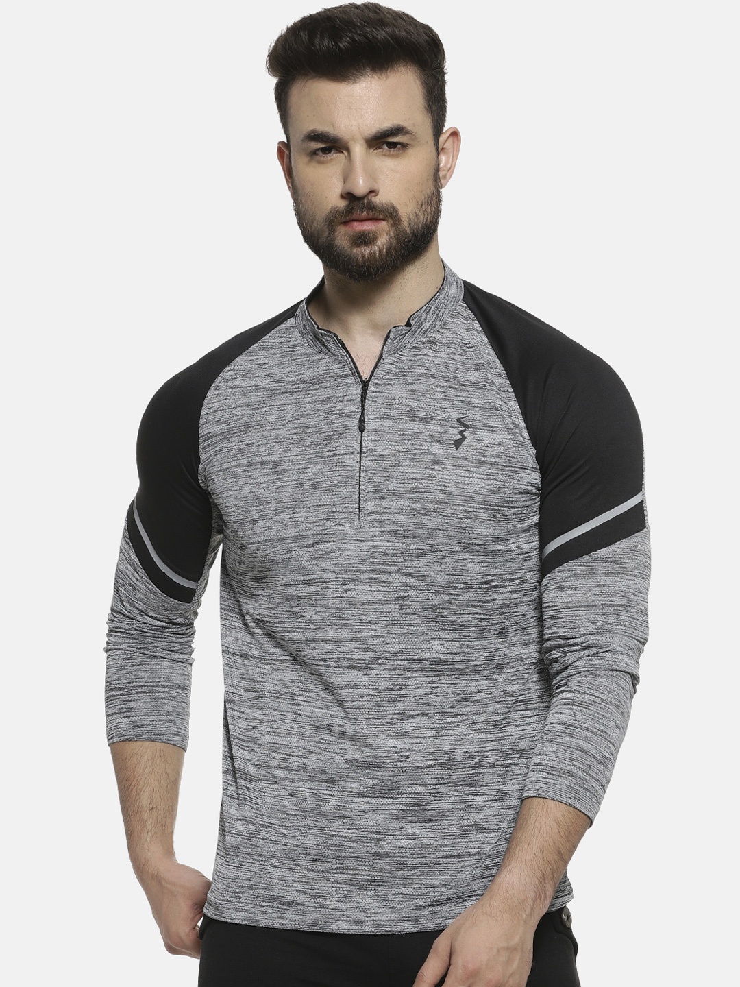 

Campus Sutra Men Grey & Black Colourblocked Mandarin Collar T-shirt
