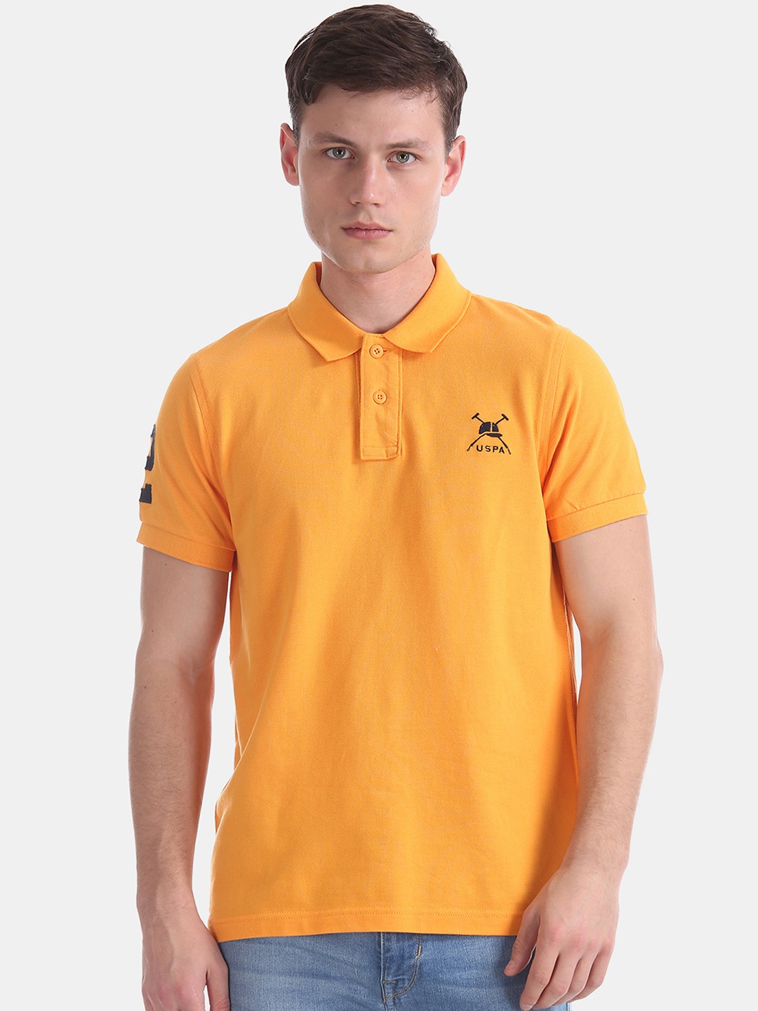 U.S. Polo Assn. Men Orange Solid Polo Collar Pure Cotton T-shirt