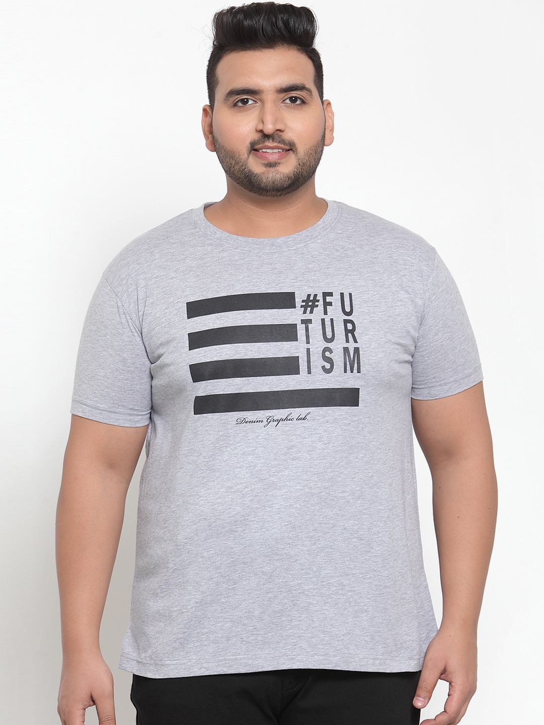 

plusS Men Grey Printed Round Neck Pure Cotton T-shirt