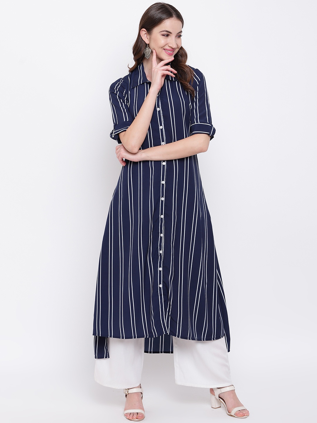 

Napra Women Navy Blue & White Printed A-Line Asymmetric Kurta