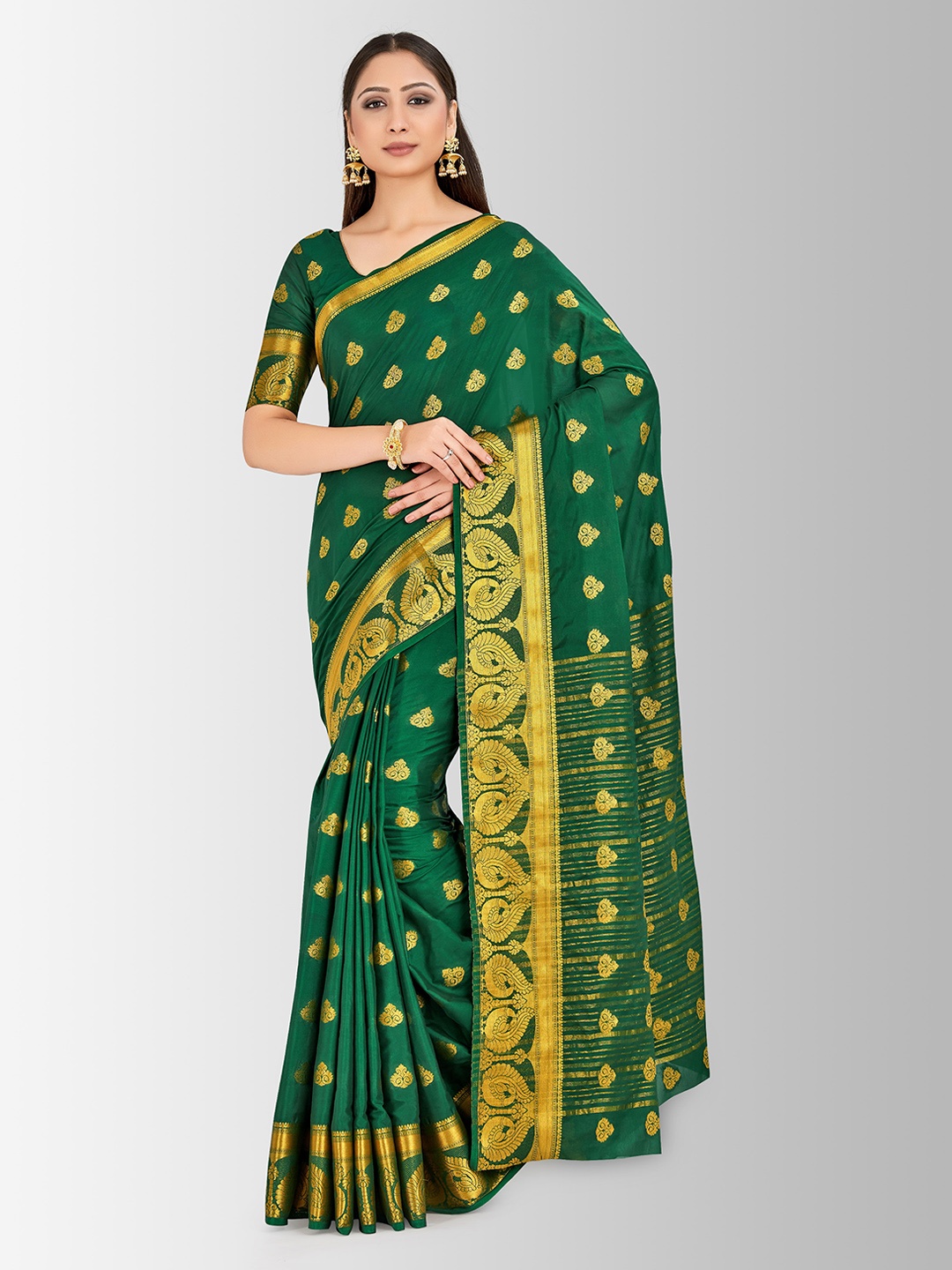 

MIMOSA Green Poly Crepe Woven Design Mysore Silk Saree