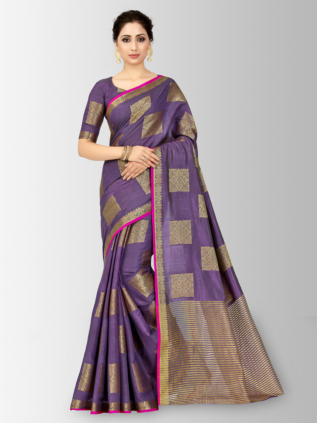 

MIMOSA Purple Art Silk Checked Kanjeevaram Saree