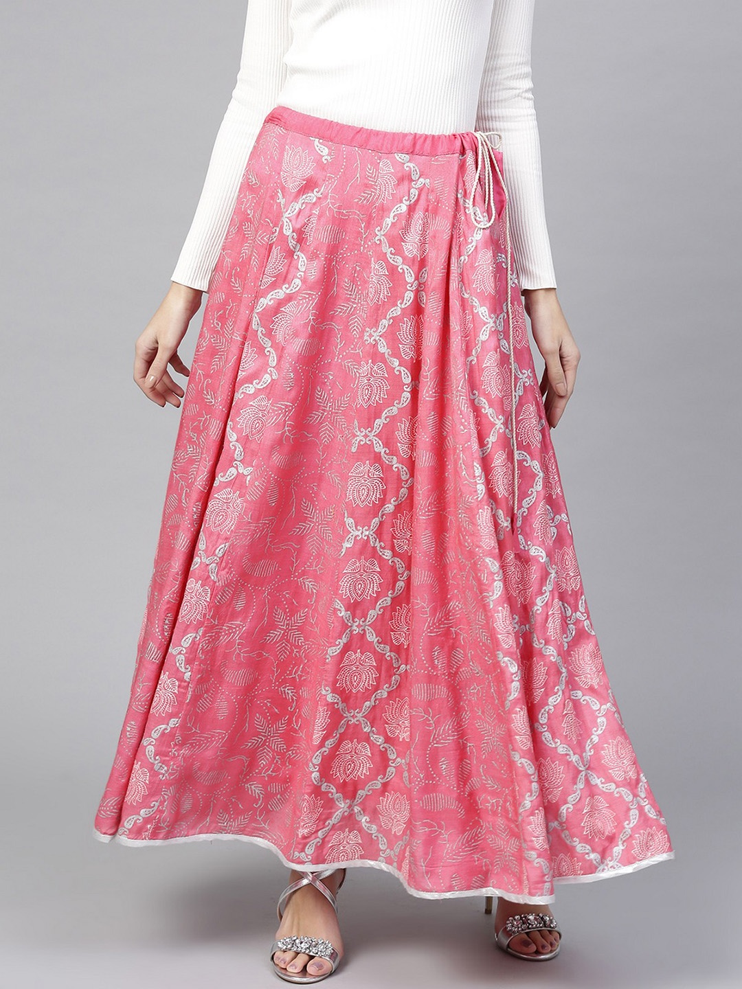 

Pannkh Women Pink & White Lotus patterned Kalidaar Maxi Skirt